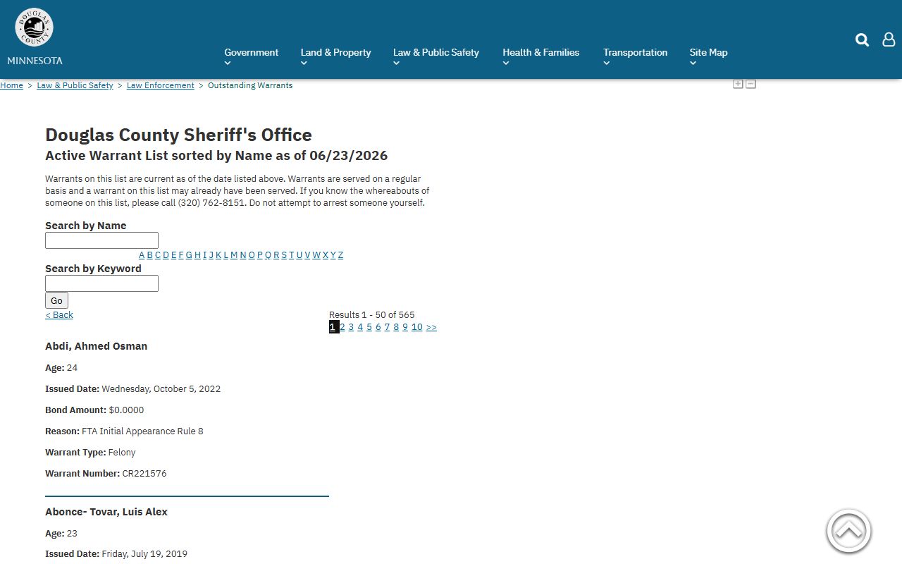 Douglas County warrant records outstanding warrants list